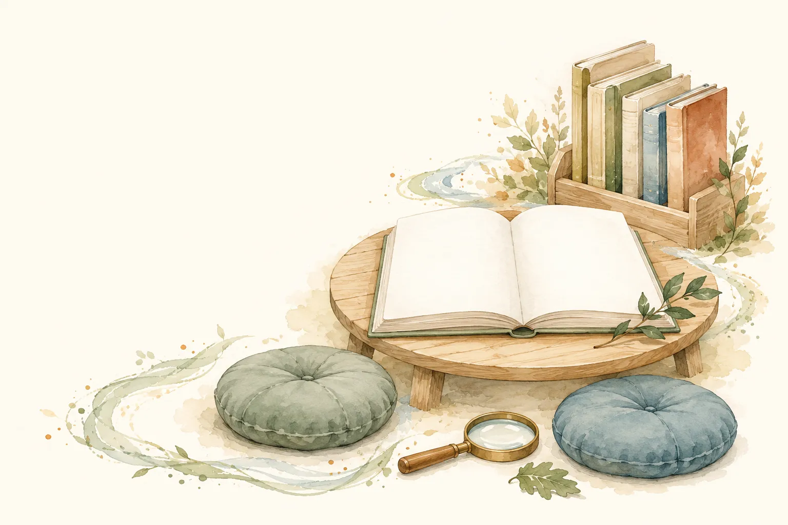 Geöffnetes Kinder-Sachbuch mit Lupe, Sitzkissen und einer kleinen Büchergruppe als Aquarellvignette
